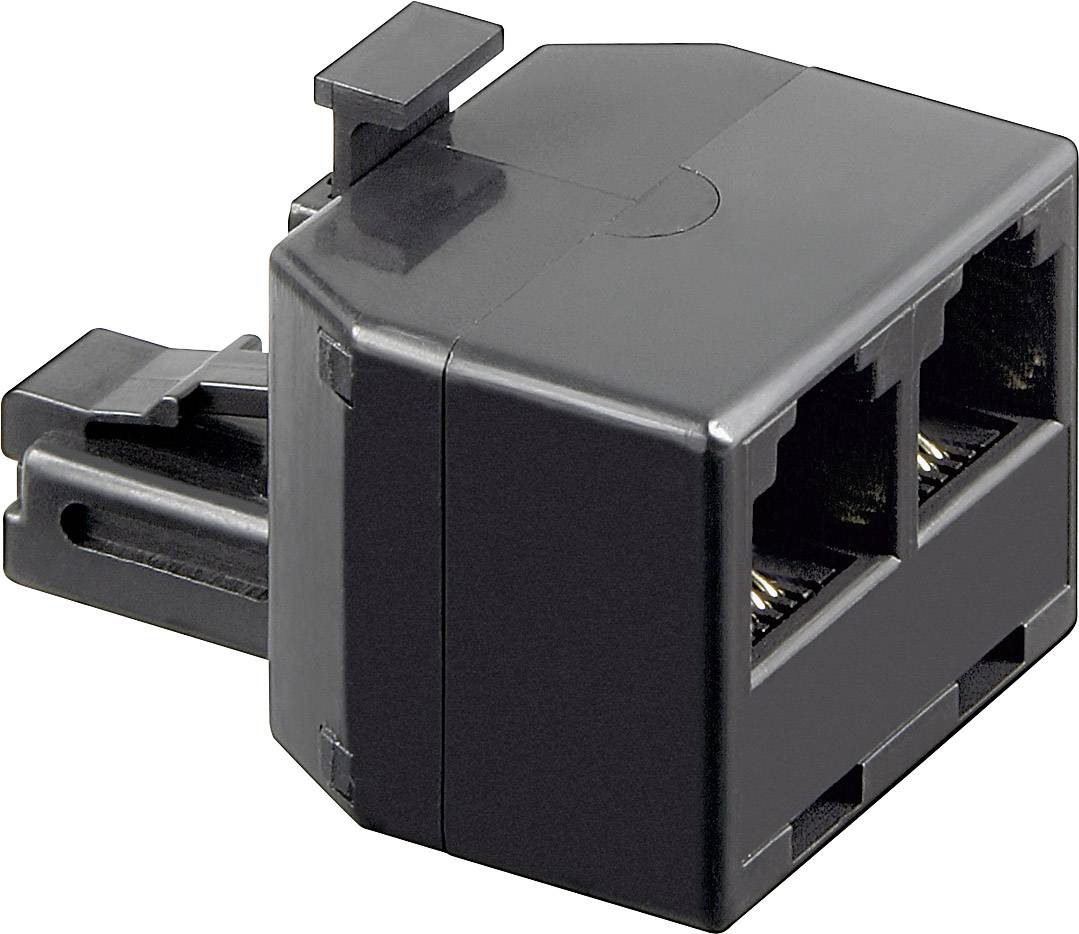 'Schwarzer RJ45-Netzwerkstecker mit zwei Ports. Einsatz für Splitter- oder Duplex-Verbindungen in Netzwerkinstallationen.'