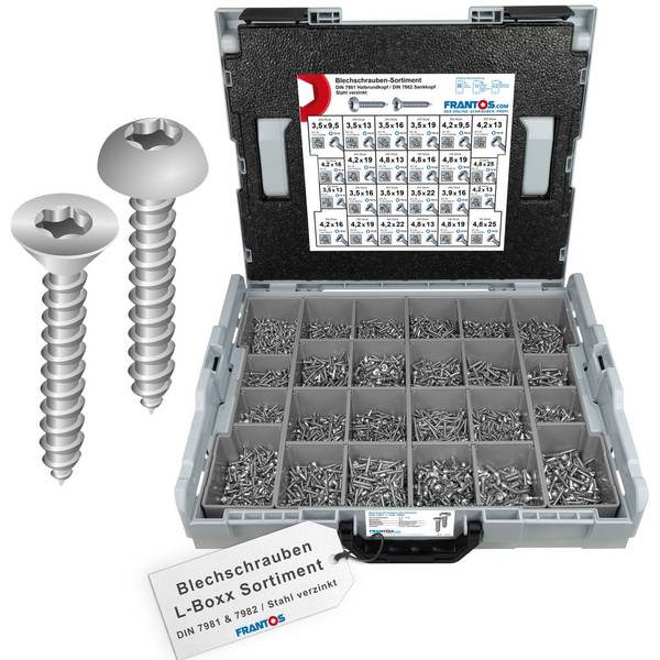 FRANTOS L-BOXX Schrauben-Sortiment Blechschrauben DIN 7981 DIN 7982 TX Sortiment - Stahl verzinkt 4425 tlg.