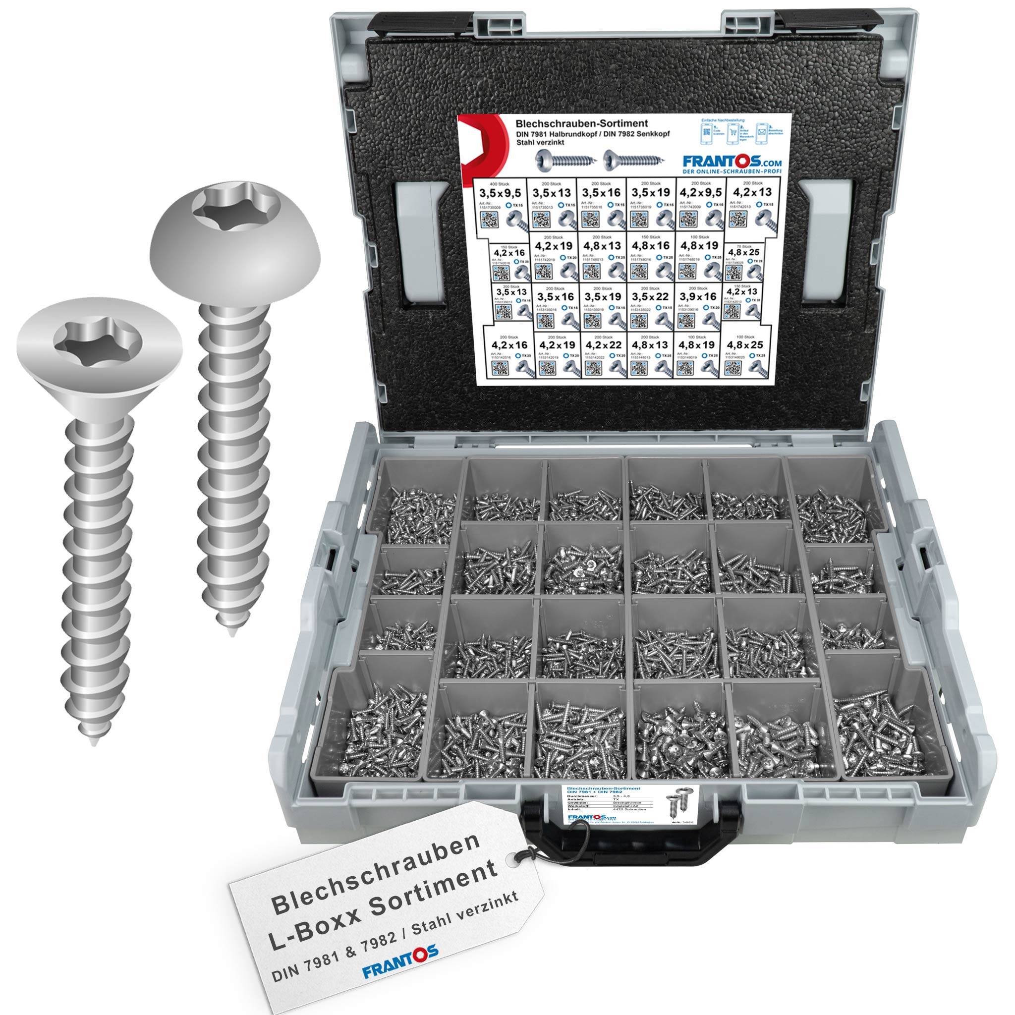 FRANTOS L-BOXX Schrauben-Sortiment Blechschrauben DIN 7981 DIN 7982 TX Sortiment - Stahl verzinkt 4425 tlg.-0