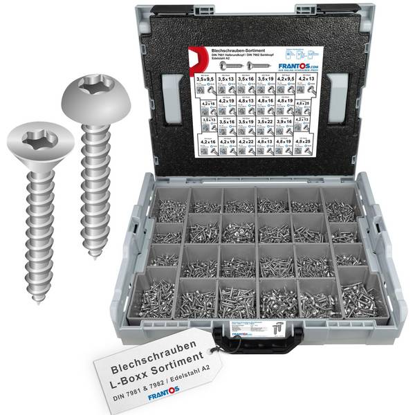 FRANTOS L-BOXX Schrauben-Sortiment Blechschrauben DIN 7981 DIN 7982 TX Sortiment - Edelstahl A2 4425 tlg.