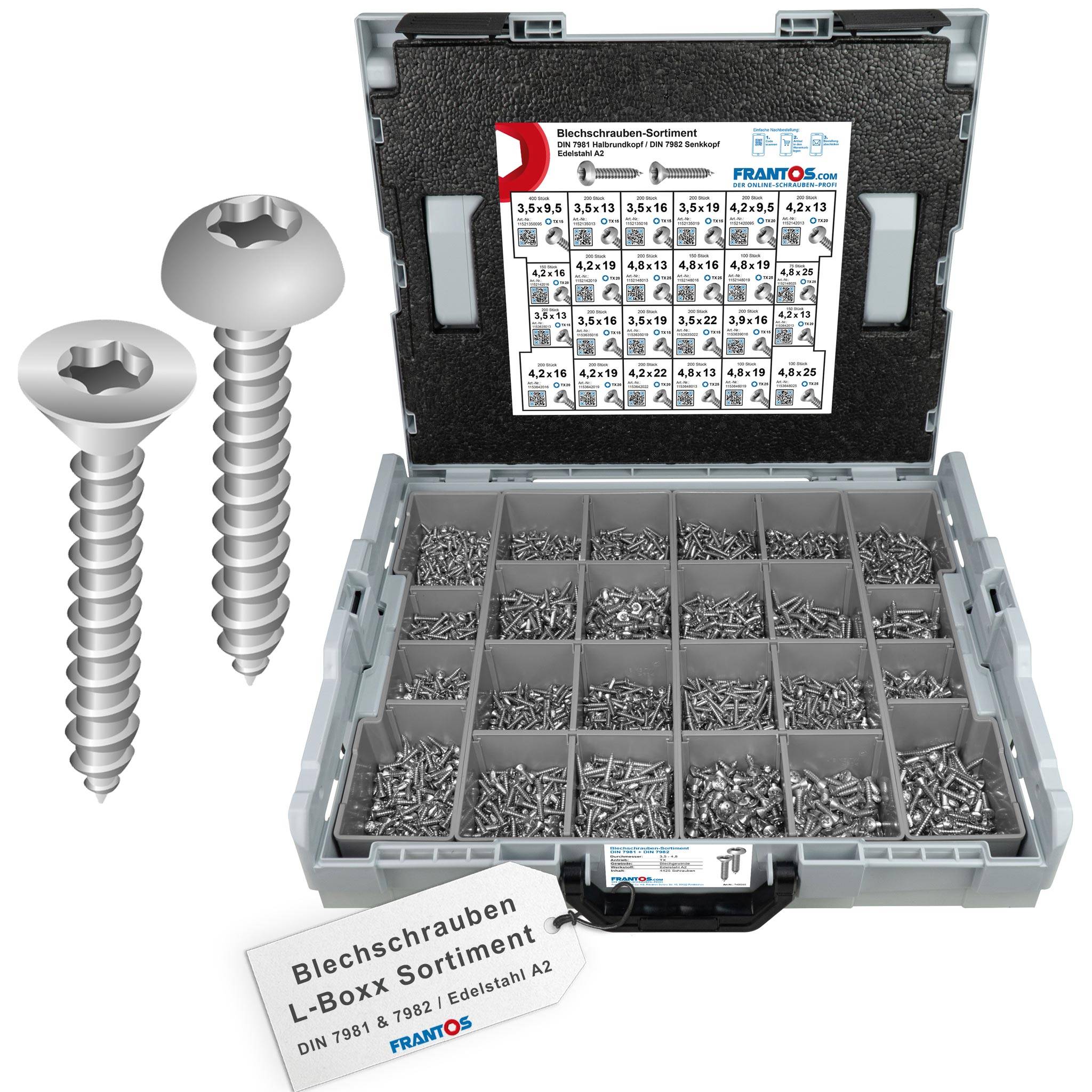 FRANTOS L-BOXX Schrauben-Sortiment Blechschrauben DIN 7981 DIN 7982 TX Sortiment - Edelstahl A2 4425 tlg.-0