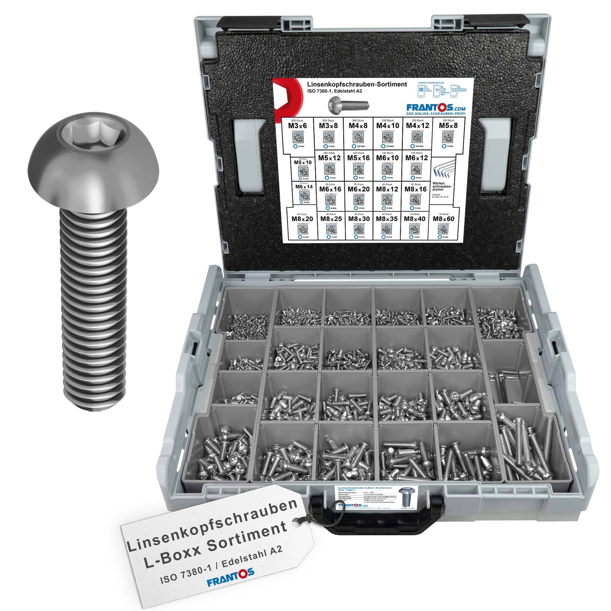FRANTOS L-BOXX Schrauben-Sortiment Linsenkopfschrauben ISO 7380-1 - Edelstahl A2 2895 tlg.-0