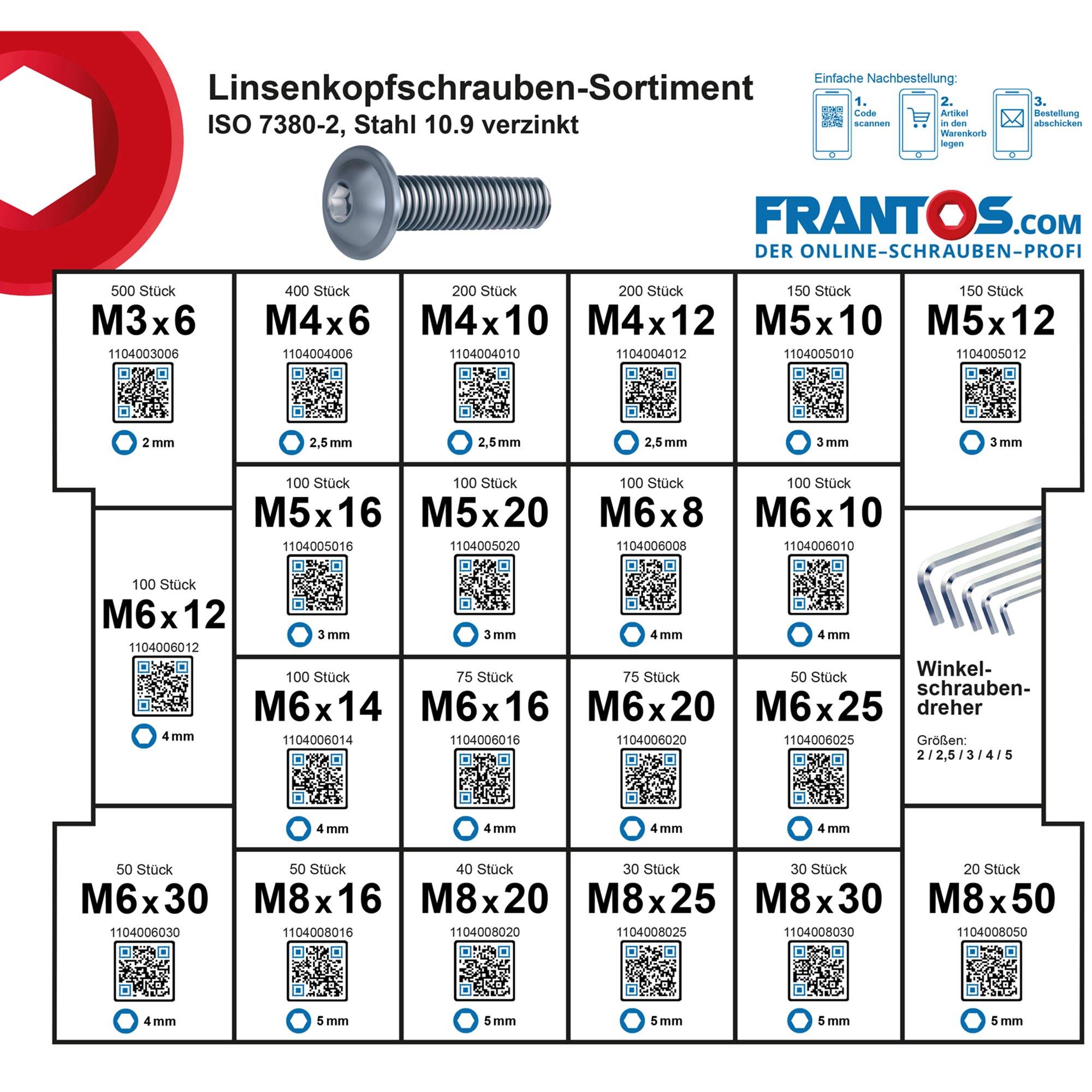 FRANTOS L-BOXX Schrauben-Sortiment Linsenkopfschrauben ISO 7380-2 Sortiment - 2625 tlg. + 5 Winkelschraubendreher-2