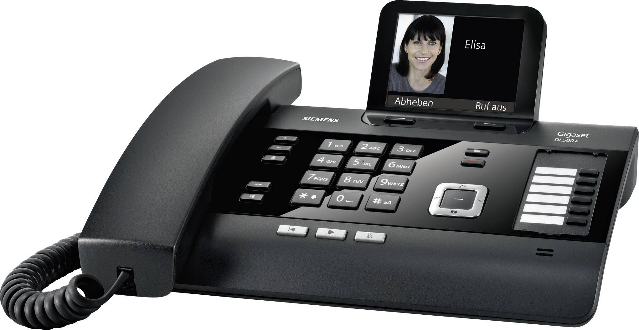 Ein schwarzes Tischtelefon mit Display. Auf dem Bildschirm erscheint ein Foto von 'Elisa' mit den Optionen 'Abheben' und 'Ruf aus'.