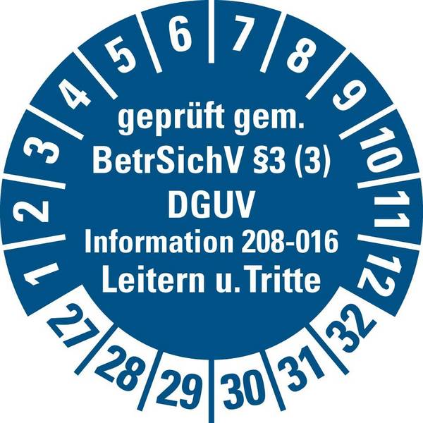 Prüfpl.gepr.gem.BetrSichV §3 (3) Leitern/Tritte,27-32,blau,Folie,Ø 30mm,10/Bogen