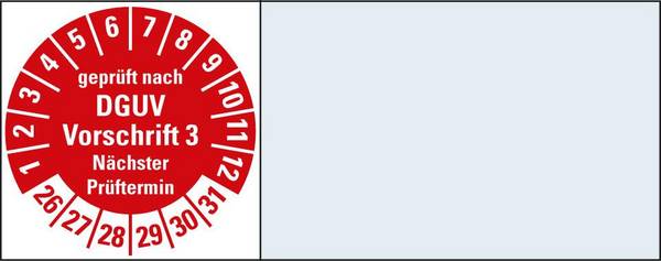 Kabelprüfplakette DGUV Vorschr. 3 NP 26-31,rot,Folie,selbstkl.,20x50mm,64/Heft