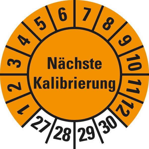 Prüfplakette Nächste Kalibrierung,27-30,orange,Folie,selbstkl.,Ø 15mm,10/Bogen