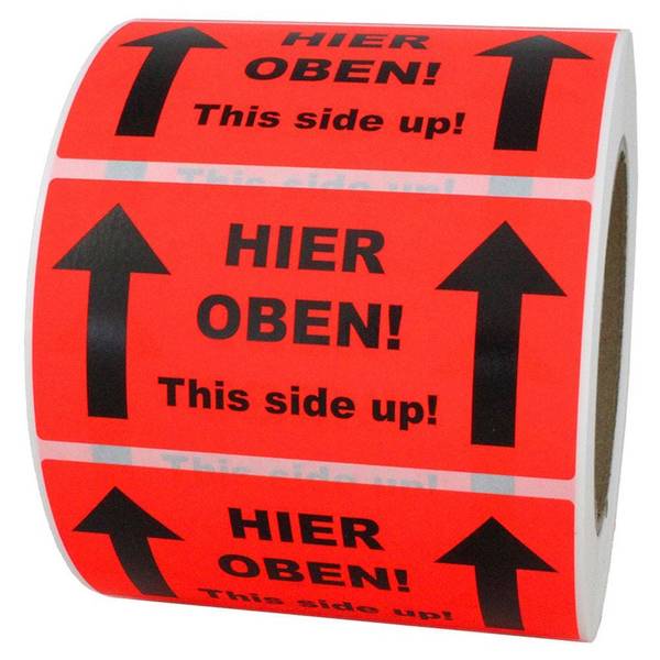 Paketaufkleber HIER OBEN! THIS SIDE UP!, Papier, 100 x 50 mm, leuchtrot, 1.000 St./ Rolle