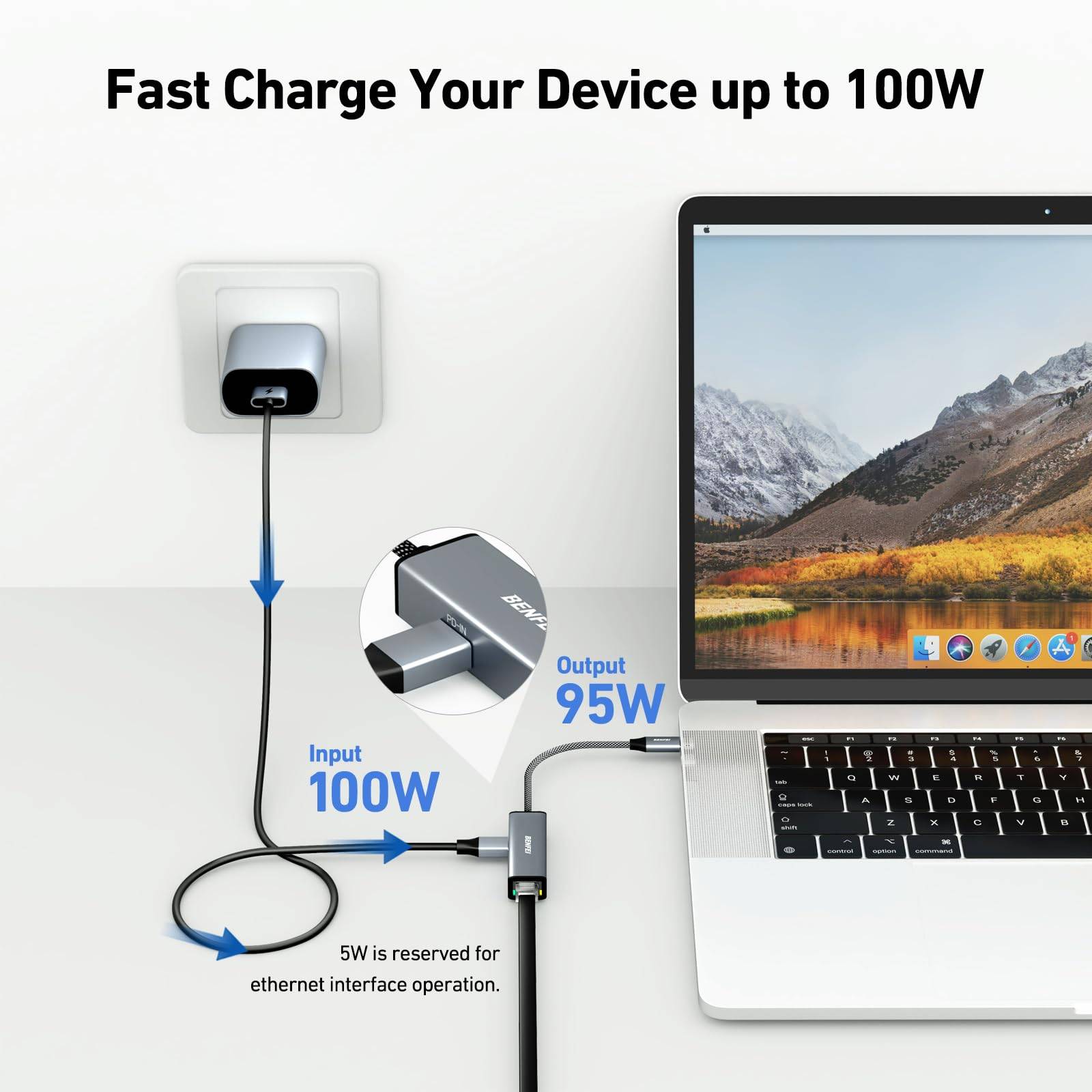 BENFEI USB C auf Ethernet Gigabit Adapter 100W PD, USB C (Thunderbolt 3/4) auf RJ45 LAN 1Gbps mit Stromversorgung-1