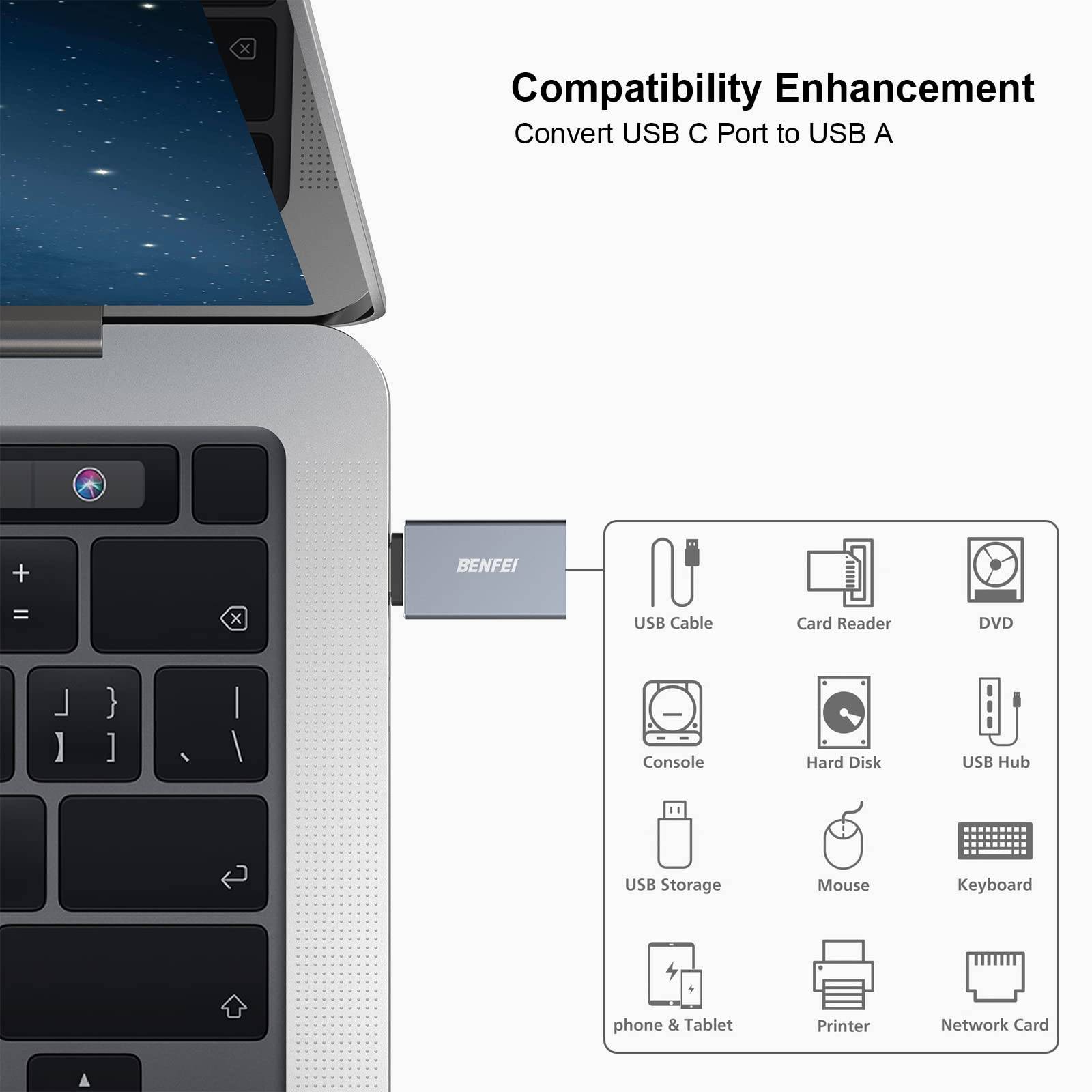 BENFEI USB C auf USB 3.0 Adapter, 3 Stück OTG USB Typ C Adapter [Thunderbolt 3/4] to USB 3.1/3.0/2.0-3