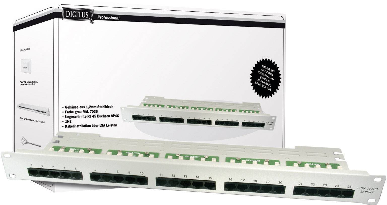 'Patchpanel mit 24 RJ45-Ports, CAT 6, für Netzwerkinstallationen. Metallgehäuse, weiß. Verpackung zeigt Produkt und Design.'