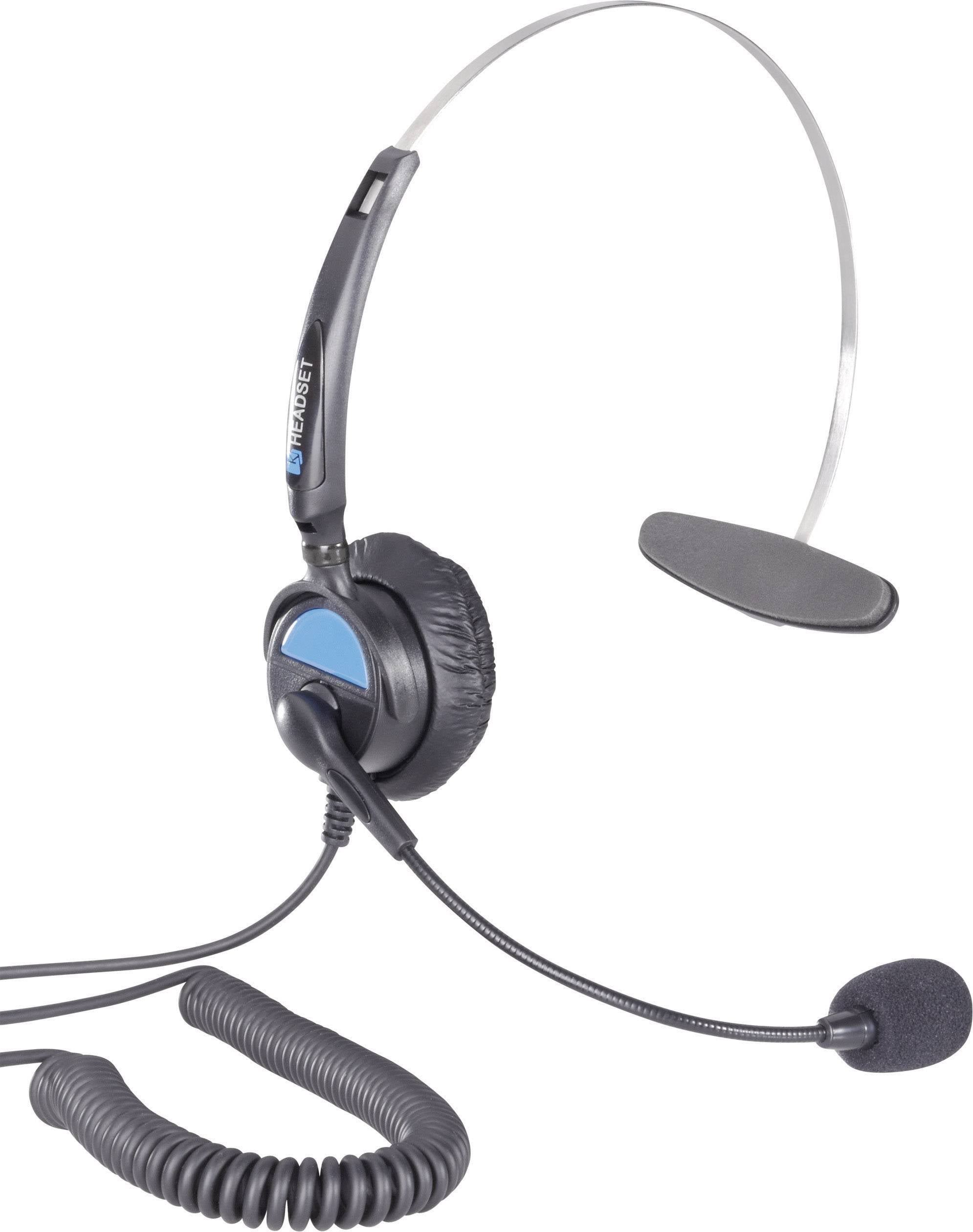 Ein schwarzes Headset mit flexiblem Mikrofon, Ohrpolster und einem verstellbaren Kopfbügel. Hauptsächlich zum Telefonieren verwendet.