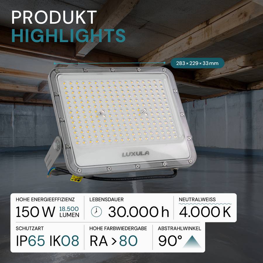 LUXULA LED Außenstrahler 150W 4000K Neutralweiß 18500lm Fluter IP65 Aluminium Grau-1