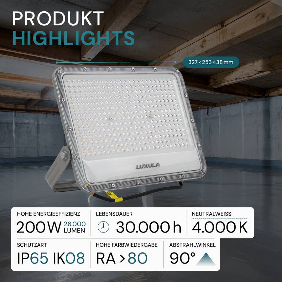 LUXULA LED Außenstrahler 200W 4000K Neutralweiß 26000lm Fluter IP65 Aluminium Grau-1