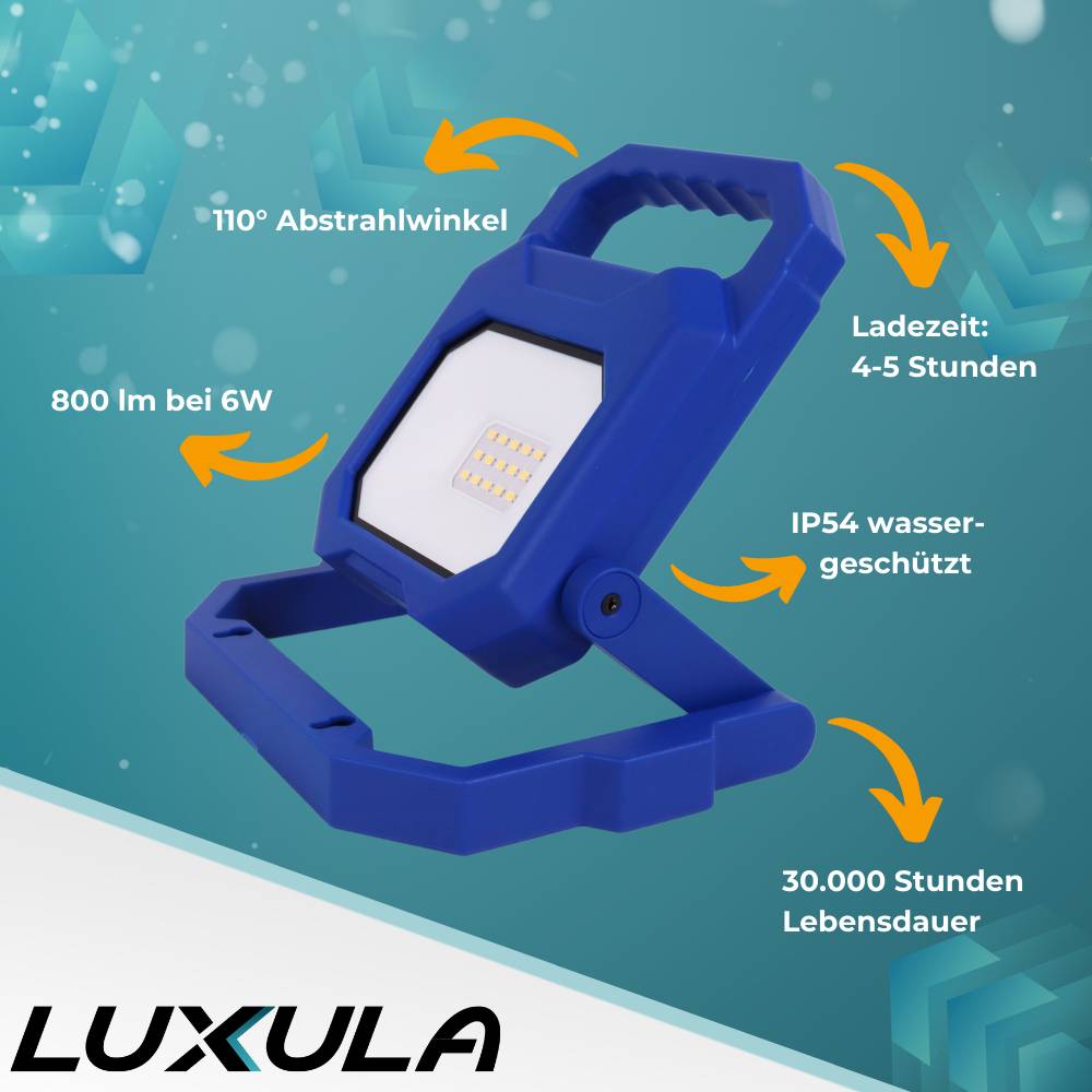 LUXULA - LED Akku Baustrahler 6W 800lm 4000K (neutralweiß) IP54 7 Stunden Lichtzeit faltbarer Strahler mit USB-1