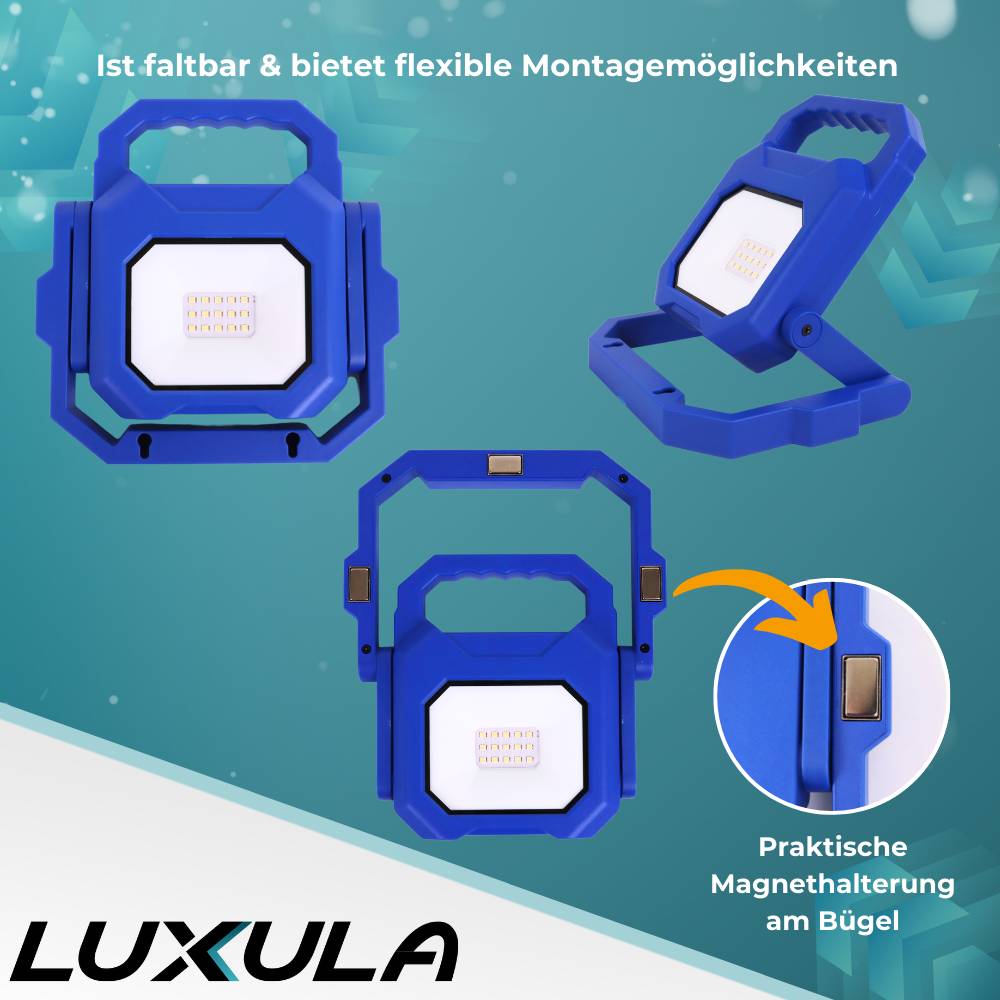 LUXULA - LED Akku Baustrahler 6W 800lm 4000K (neutralweiß) IP54 7 Stunden Lichtzeit faltbarer Strahler mit USB-3