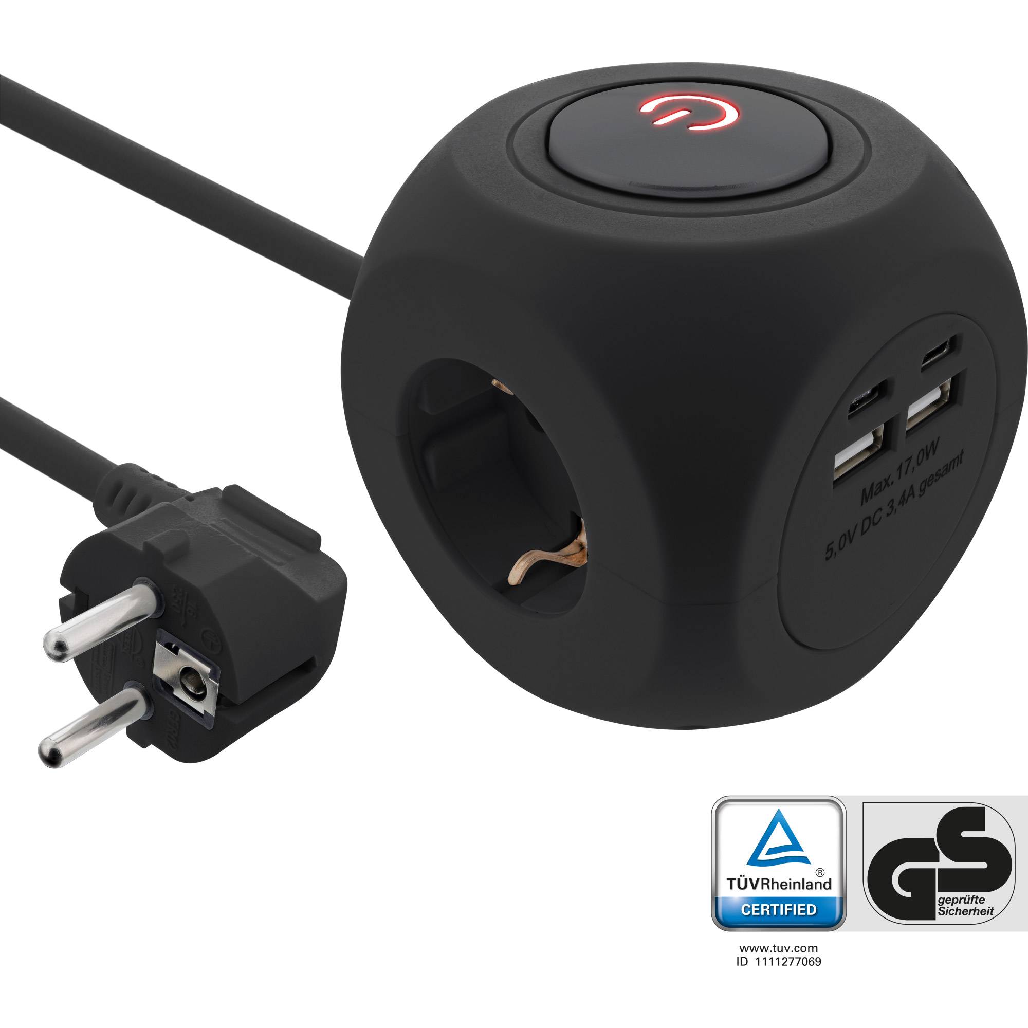 INLINE - Charging Cube - 3x Schutzkontakt - 2x USB-C - 2x USB-A - schwarz - 2m-0