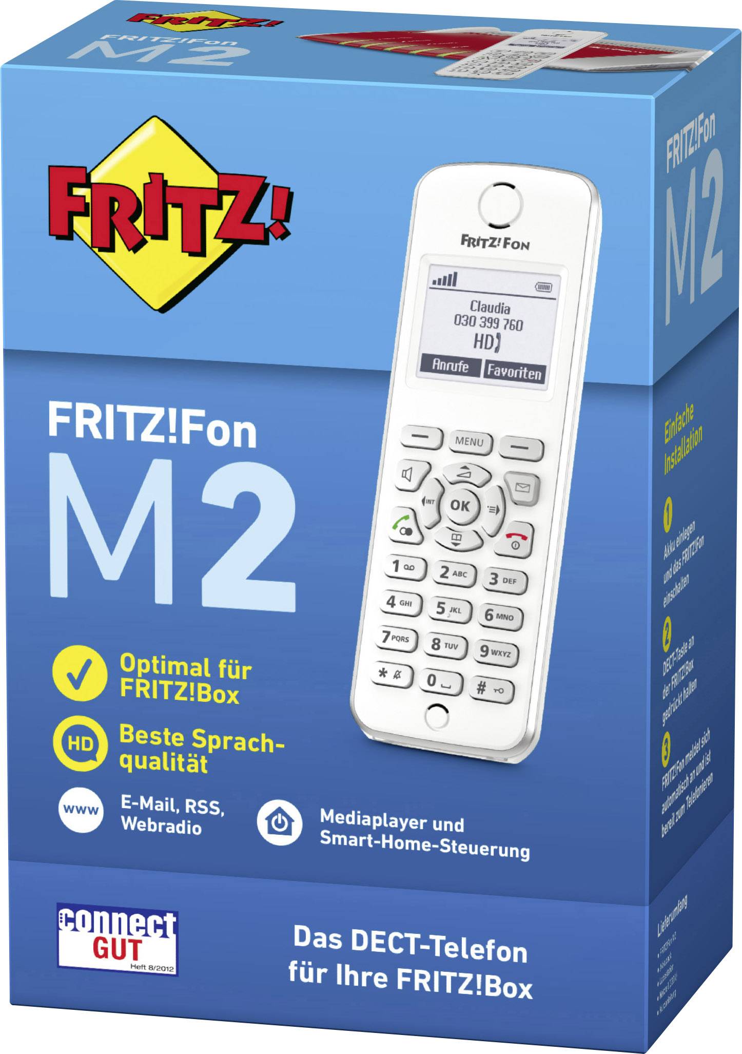 Eine Verpackung des FRITZ!Fon M2 DECT-Telefons. Hervorhebungen: 'Optimal für FRITZ!Box', 'Beste Sprachqualität', E-Mail, RSS und Medienwiedergabe.