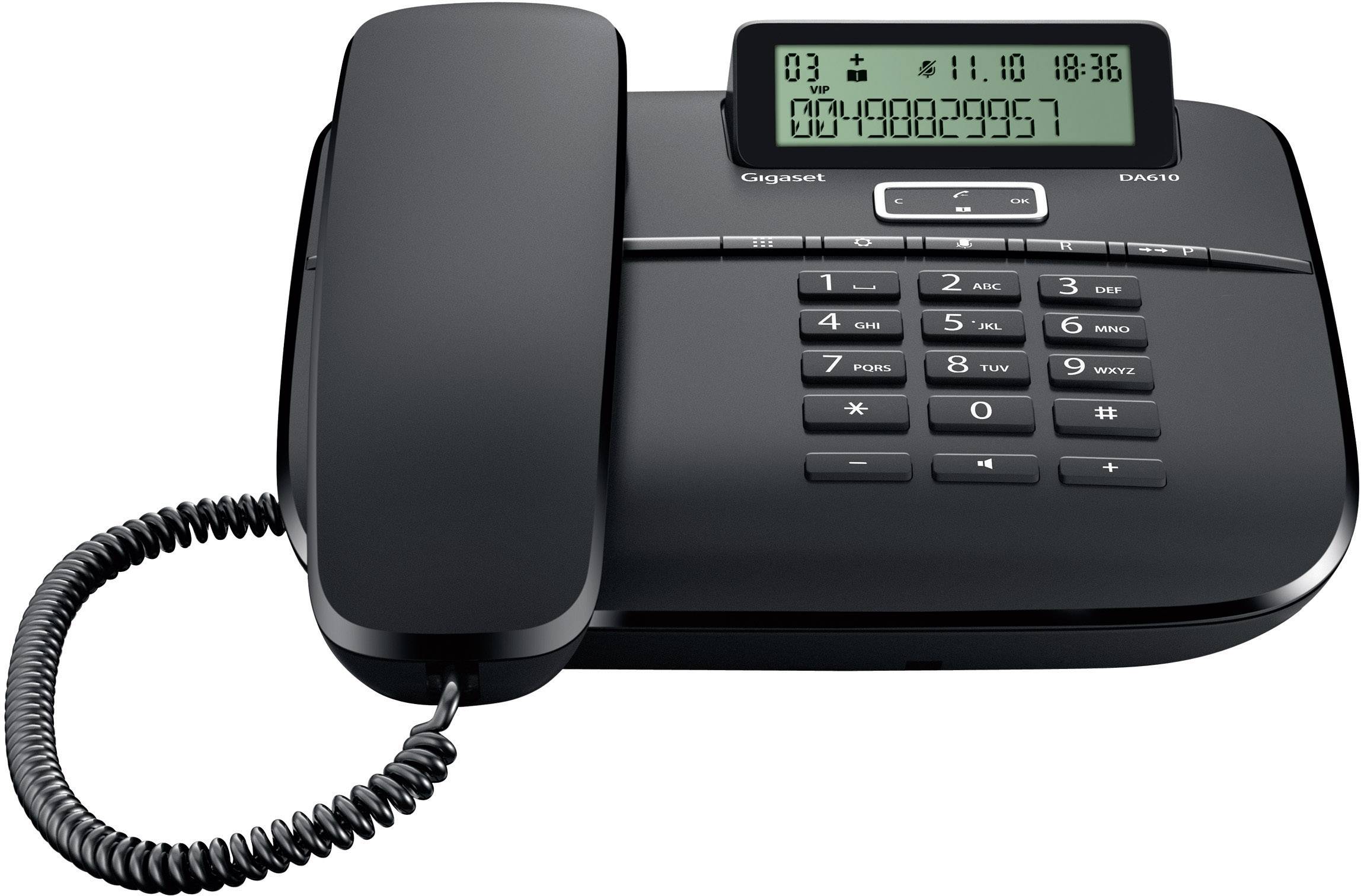 Schwarzes Festnetztelefon mit Hörer, großen Tasten und Display. Zeigt Uhrzeit, Datum und Telefonnummer '0498829957' an.