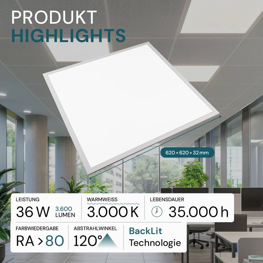LUXULA LED Panel 62x62 cm 36W 3600lm 3000K Warmweiß Büro- Deckenleuchte Backlit Einbauleuchte für Rasterdecken-1