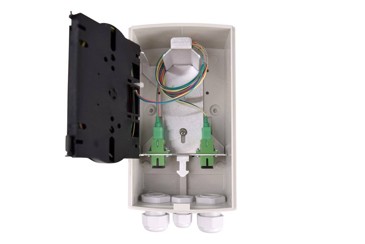 LWL Spleißbox OG04, 4 x SC/APC Simplex OS2 spleißfertig Wandmontage, IP54, mit Trägermodul,-0