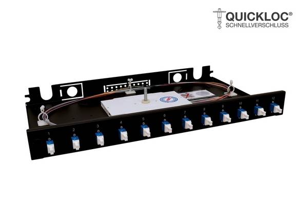 LWL Spleißbox Quick 12xLC Duplex mit 12 Faserpigtails OS2 spleißfertig 1HE, ausziehbar, schwarz