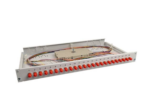 LWL Spleißbox flex 24xST Simplex OM2 spleißfertig 1HE, ausziehbar, lichtgrau