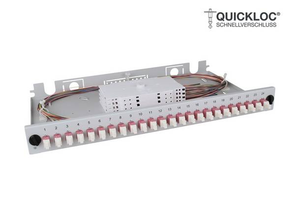 LWL Spleißbox Quick 24xLC Duplex OM4 spleißfertig 1HE, ausziehbar, lichtgrau