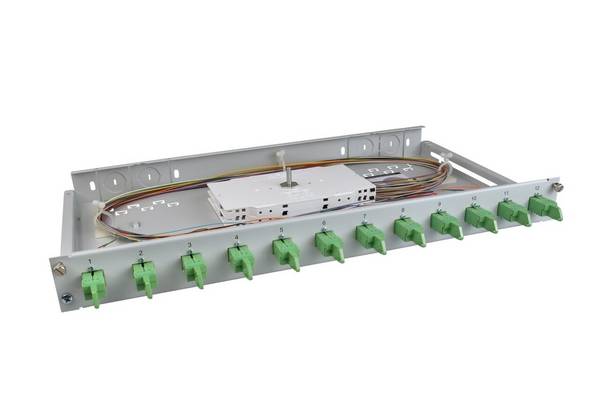 LWL Spleißbox 12xE2000®/APC Compact OS2 spleißfertig 1HE, ausziehbar, lichtgrau