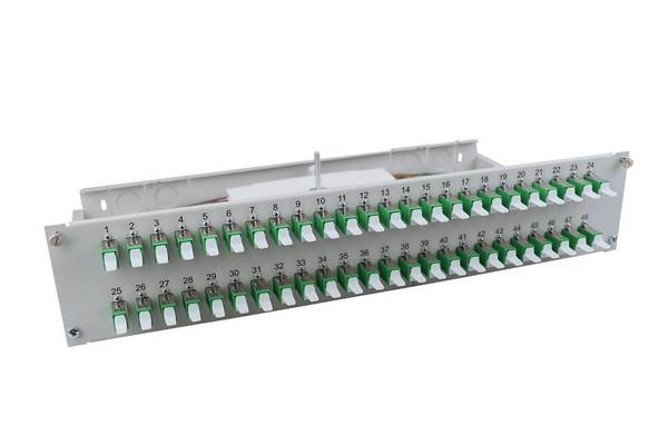 LWL Spleißbox flex 48xE2000®/APC Simplex (R&M) OS2 spleißfertig 2HE, ausziehbar, lichtgrau