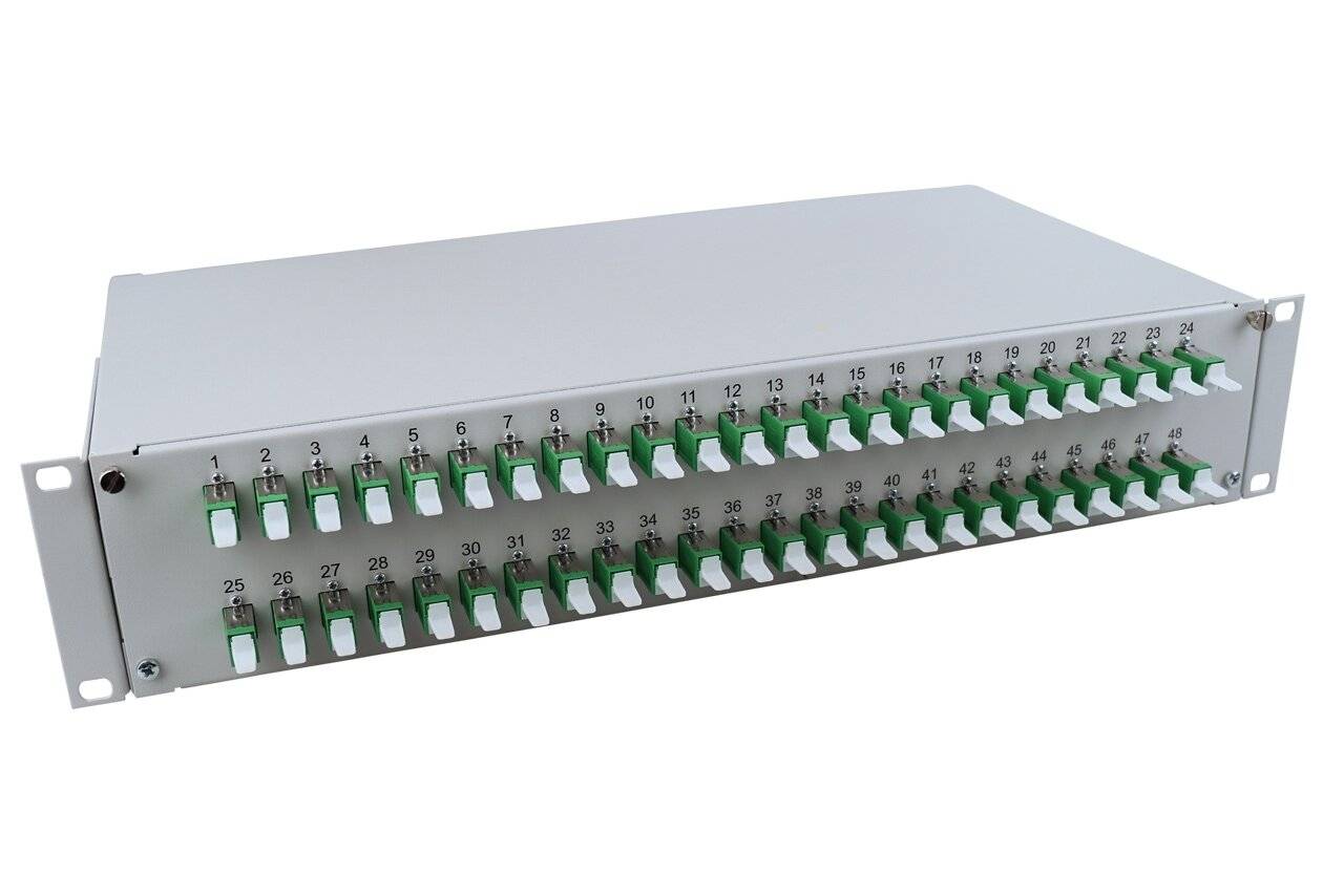 LWL Spleißbox flex 48xE2000®/APC Simplex (R&M) OS2 spleißfertig 2HE, ausziehbar, lichtgrau-1