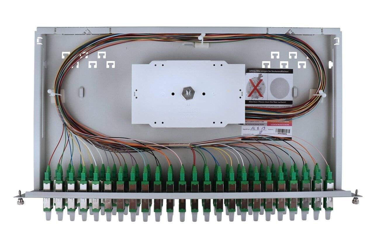 LWL Spleißbox flex 48xE2000®/APC Simplex (R&M) OS2 spleißfertig 2HE, ausziehbar, lichtgrau-2