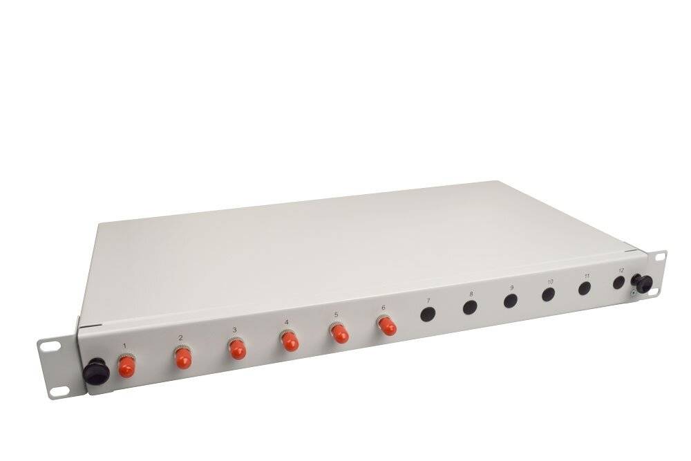 LWL Spleißbox V 6xST Simplex OM2 spleißfertig 1HE, ausziehbar, lichtgrau-1
