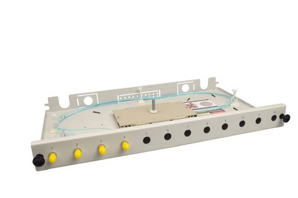 LWL Spleißbox V 4xST Simplex OM3 spleißfertig 1HE, ausziehbar, lichtgrau