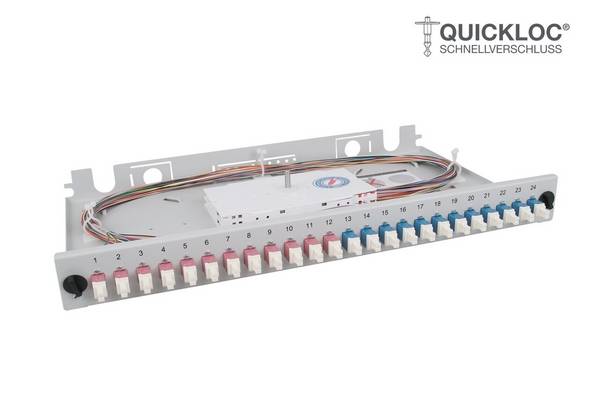 LWL Spleißbox Quick 24xLC Duplex OM4+OS2 spleißfertig 1HE, ausziehbar, lichtgrau