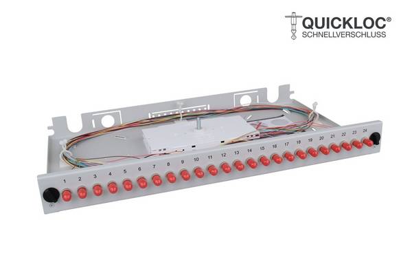 LWL Spleißbox Quick 24xST Simplex OM4 spleißfertig 1HE, ausziehbar, lichtgrau
