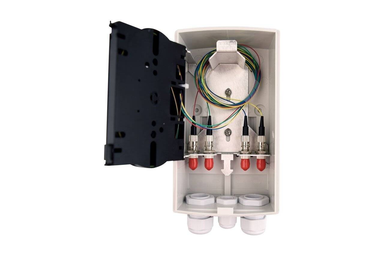 LWL Spleißbox OG04, 4 x ST Simplex OM4 spleißfertig Wandmontage, IP54, mit Trägermodul,-0