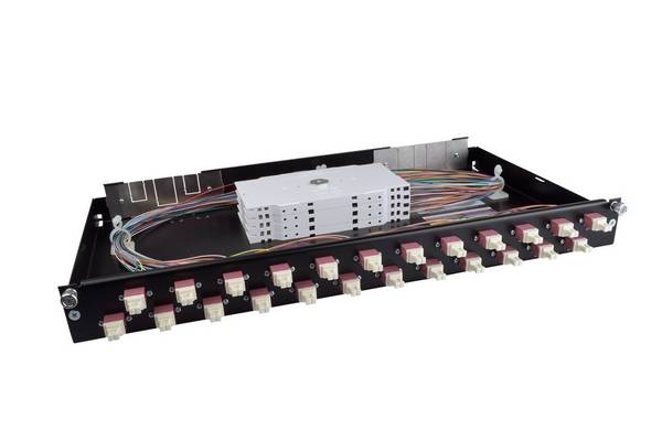 LWL Spleißbox OV-S 24xLC Duplex OM4 spleißfertig 1HE, ausziehbar, schwarz