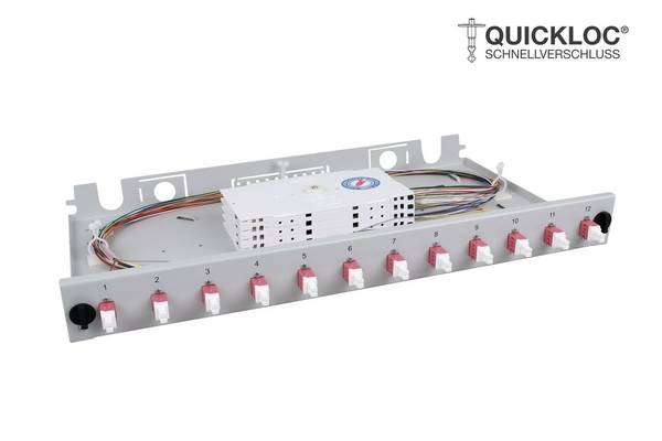 LWL Spleißbox Quick 12xLC Duplex OM4 spleißfertig 1HE, ausziehbar, schwarz