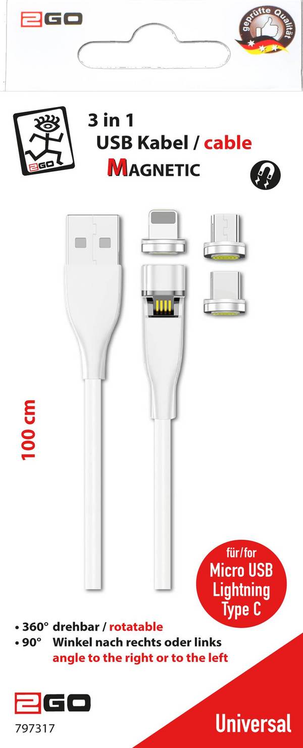 2GO USB 3in1 Ladekabel m. magnetischen Adapter A/M/L 100cm Multimedia-Technik Ladegerät