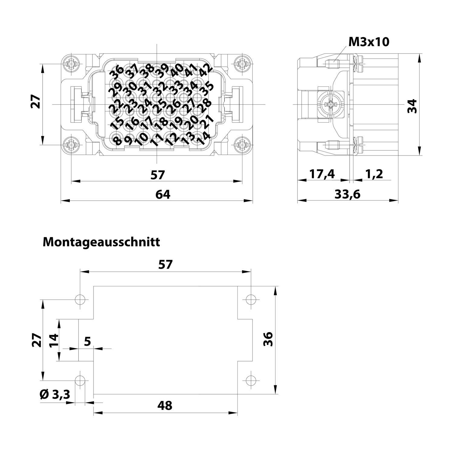 HARTING Han 42DD Stifteinsatz (M) Crimpanschluss, 42-polig+PE 250V, 10A - 1 Stück-2