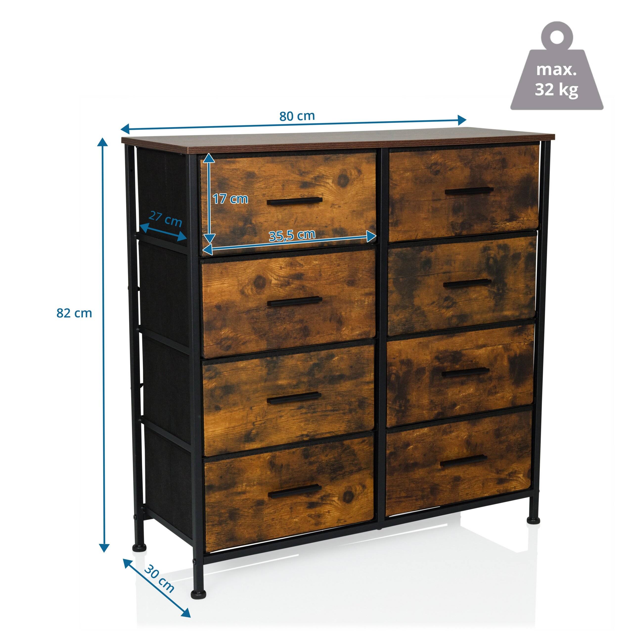 Kommode RAGALA LIGHT 80x30x82 cm 8 Schubladen räuchereiche hjh LIVING-1