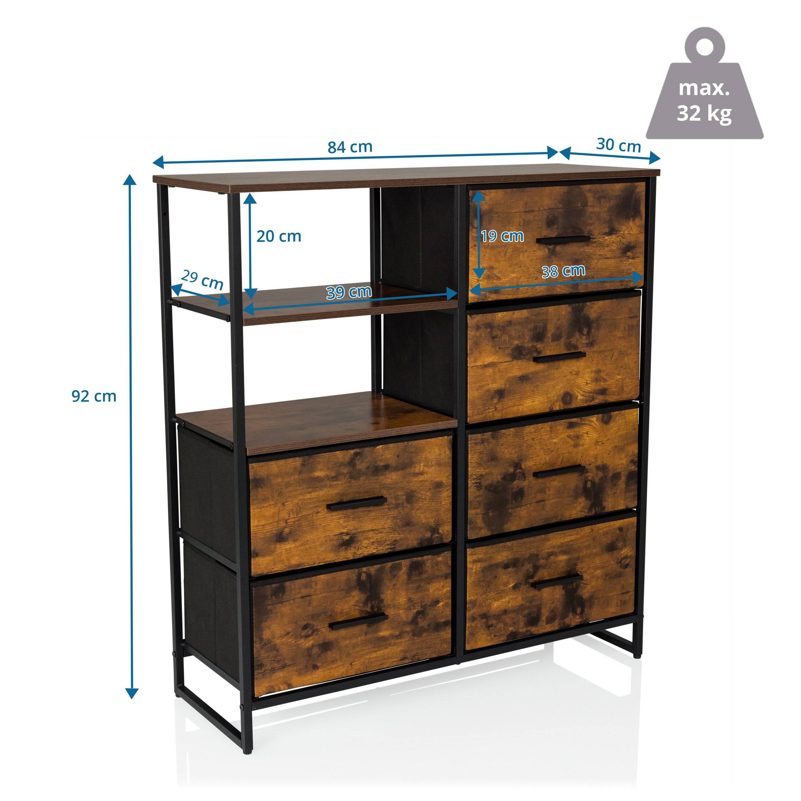 Kommode RAGALA 84x30x92cm 6 Schubladen 2 offene Fächer räuchereiche hjh LIVING-1