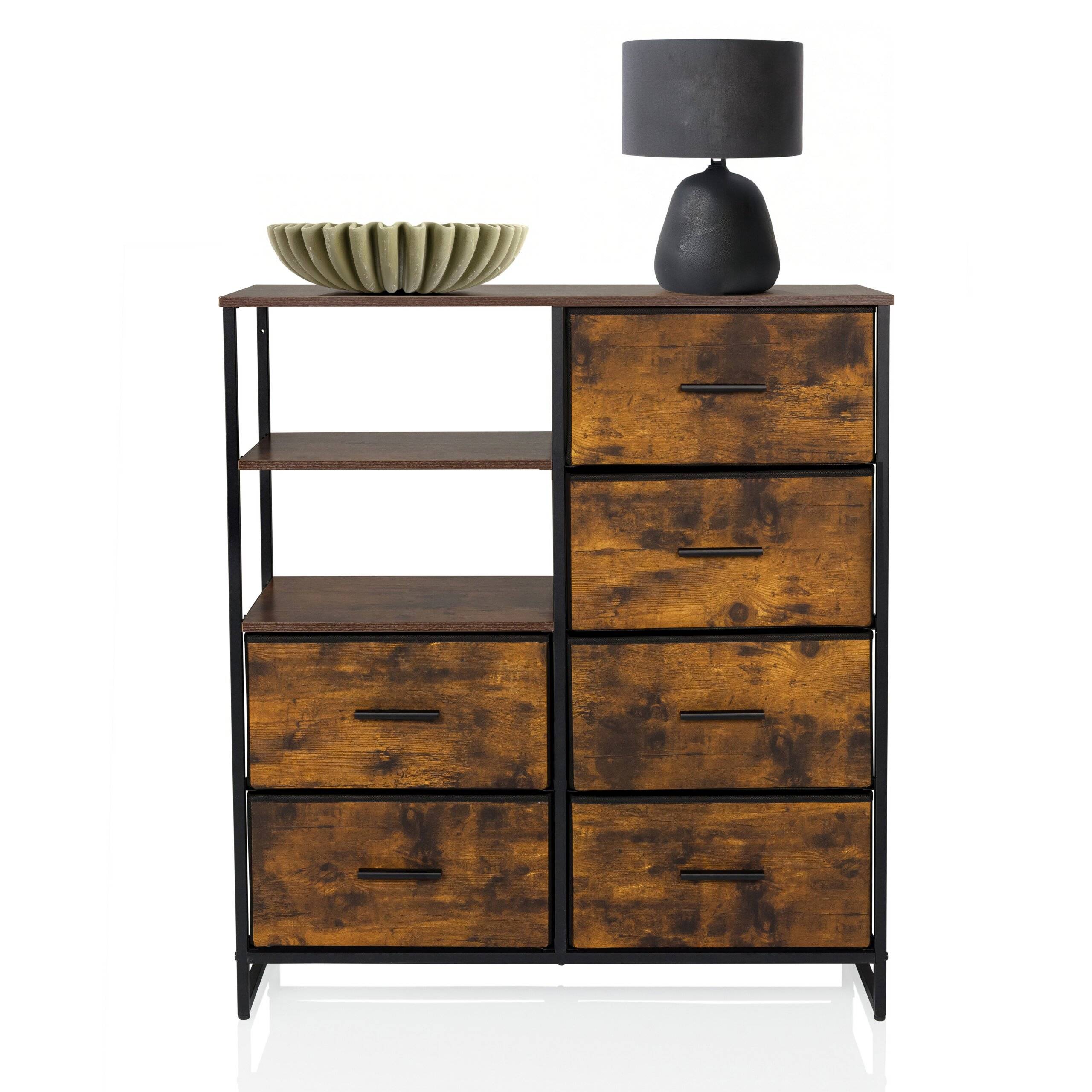 Kommode RAGALA 84x30x92cm 6 Schubladen 2 offene Fächer räuchereiche hjh LIVING-2