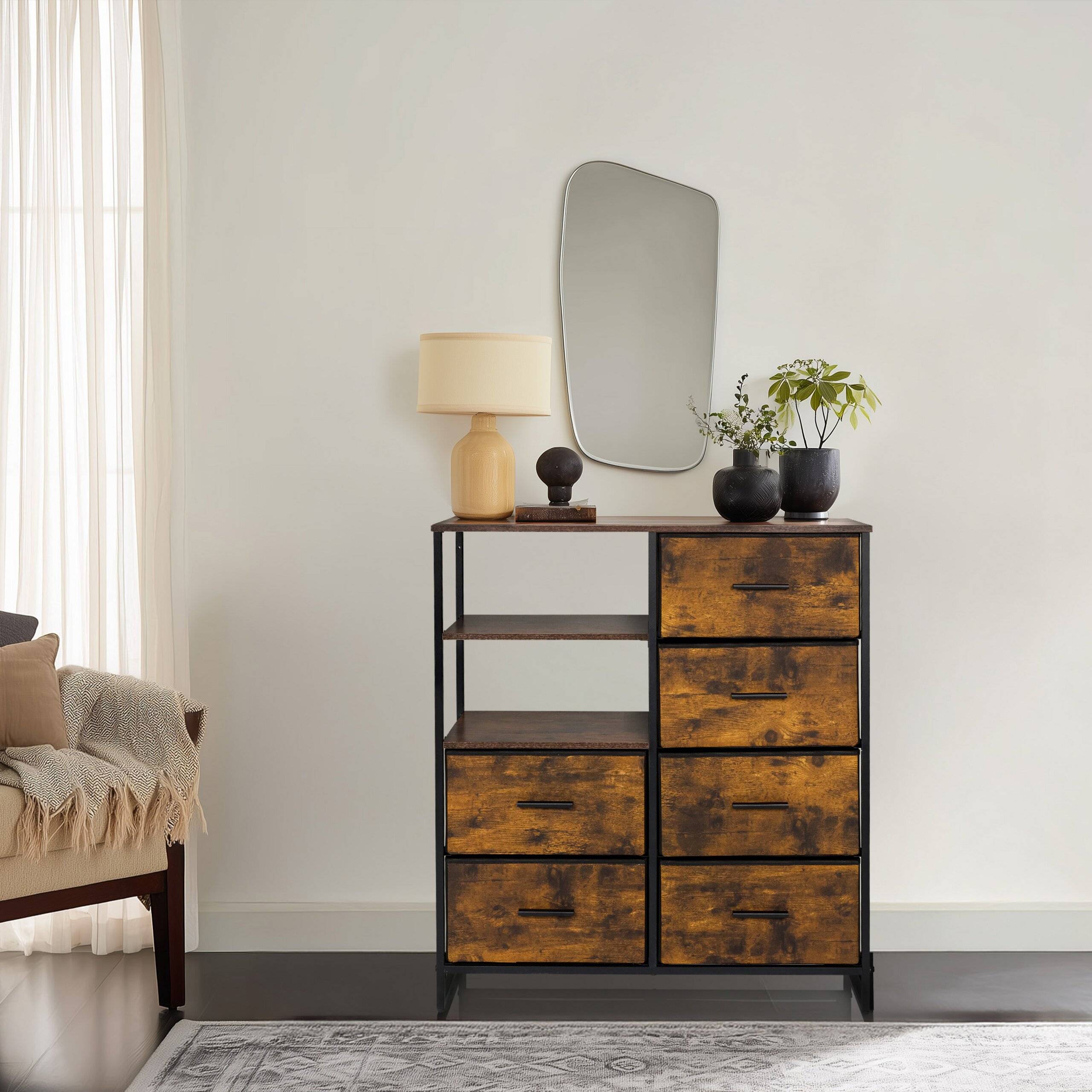 Kommode RAGALA 84x30x92cm 6 Schubladen 2 offene Fächer räuchereiche hjh LIVING-4