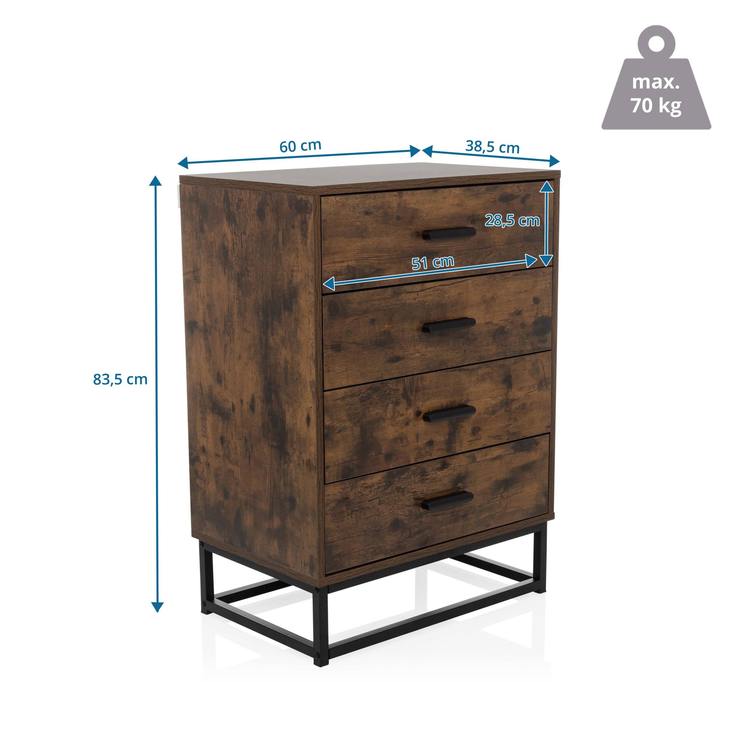 Sideboard Kommode VINSTRA 60x38,5x83,3 cm 4 Schubladen braun hjh LIVING-1