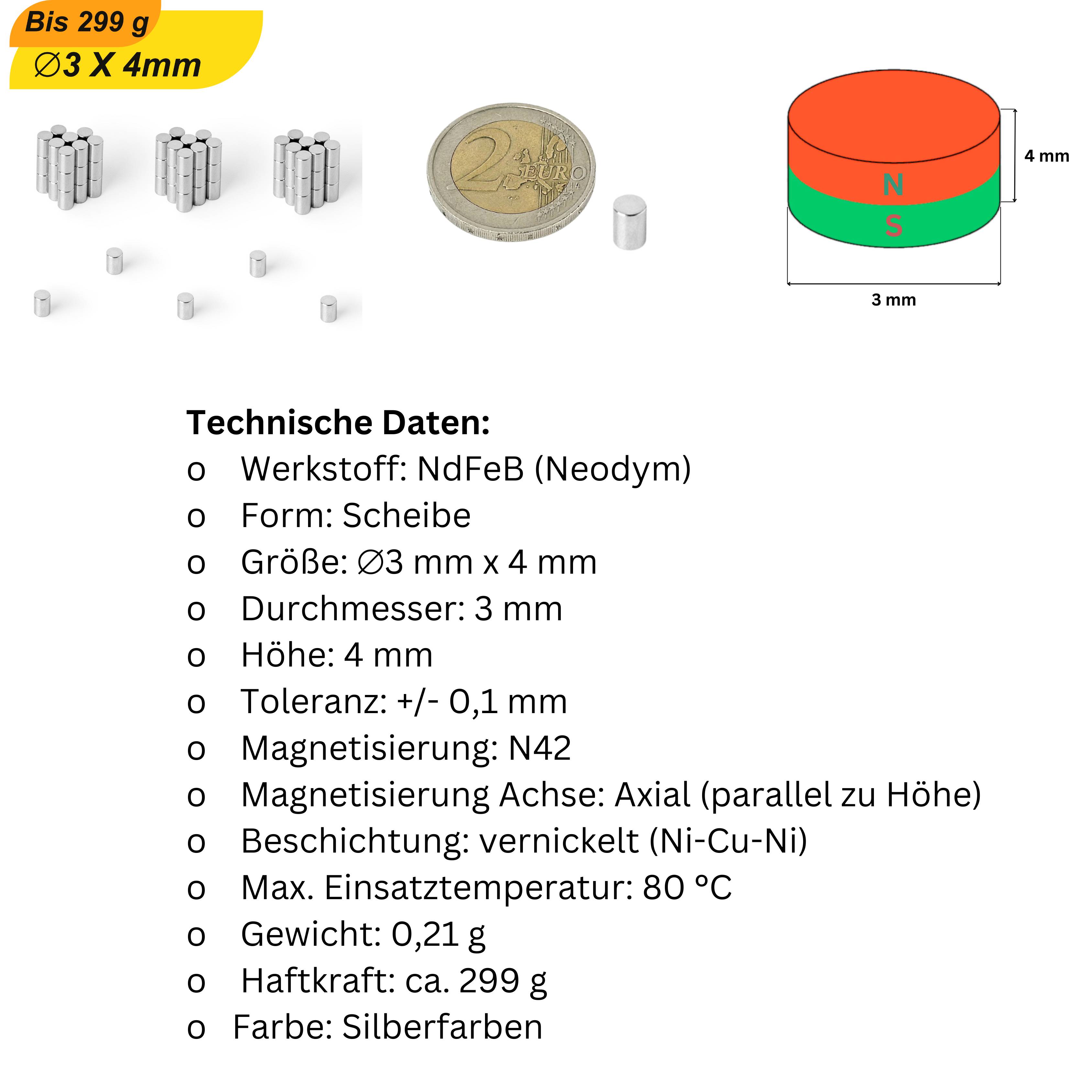 200 Stück Neodym Magnet 3mm x 4mm Supermagnete hohe Haftkraft Scheibenmagnet-5