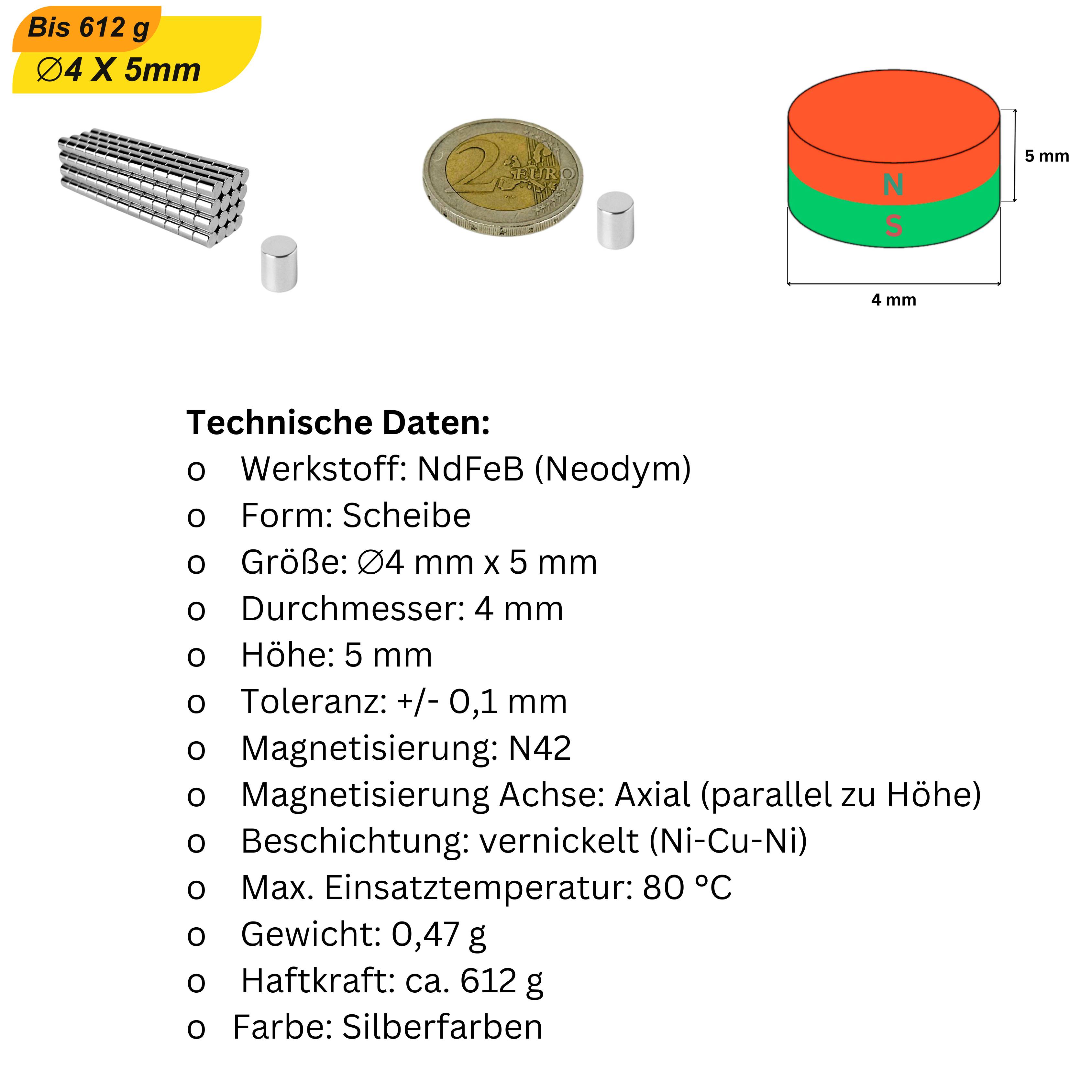 100 Stück Neodym Magnet 4mm x 5mm Supermagnete hohe Haftkraft Scheibenmagnet-5