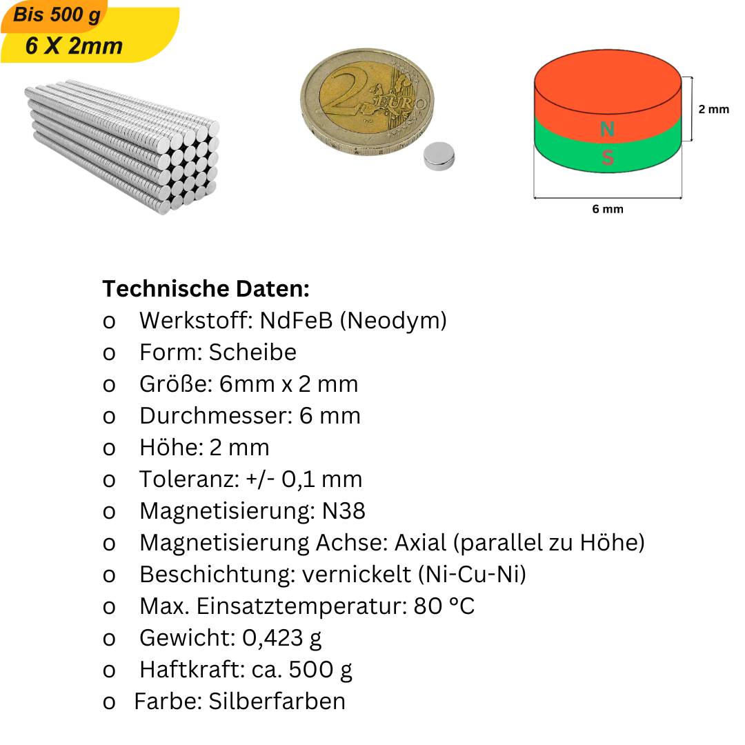 200 Stück Neodym Magnet 6mm x 2mm Supermagnete hohe Haftkraft Scheibenmagnet-5