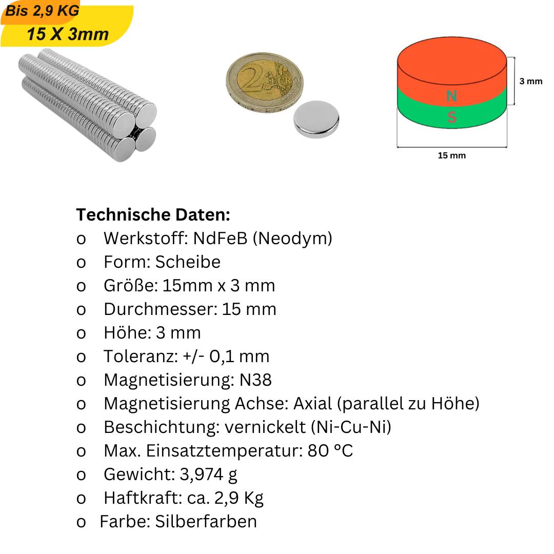 3 Stück Neodym Magnet 15mm x 3mm Supermagnete hohe Haftkraft Scheibenmagnet-5